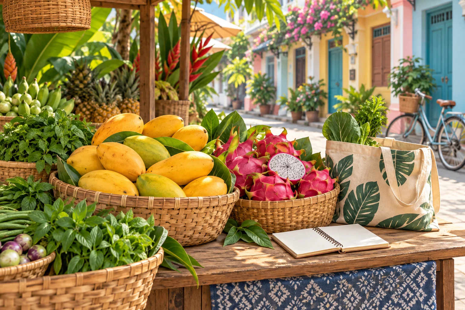 Illustration of fresh groceries and an everyday spending notebook