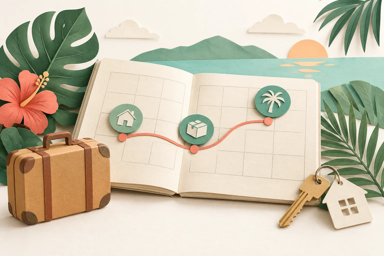 Planning illustration of a blank calendar, suitcase, and move milestones