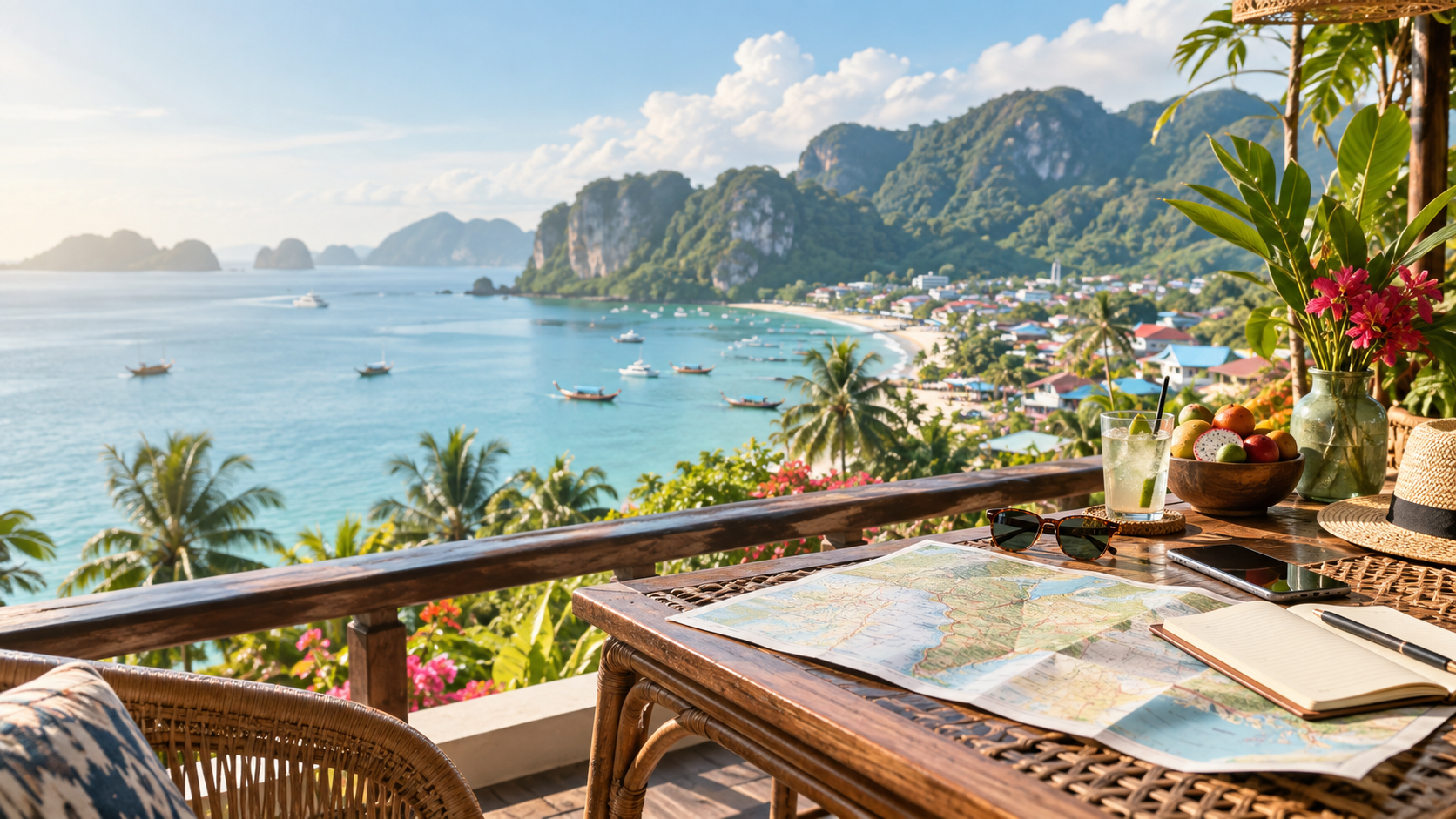 A tropical coastal planning desk with a map, notebook, and turquoise bay beyond