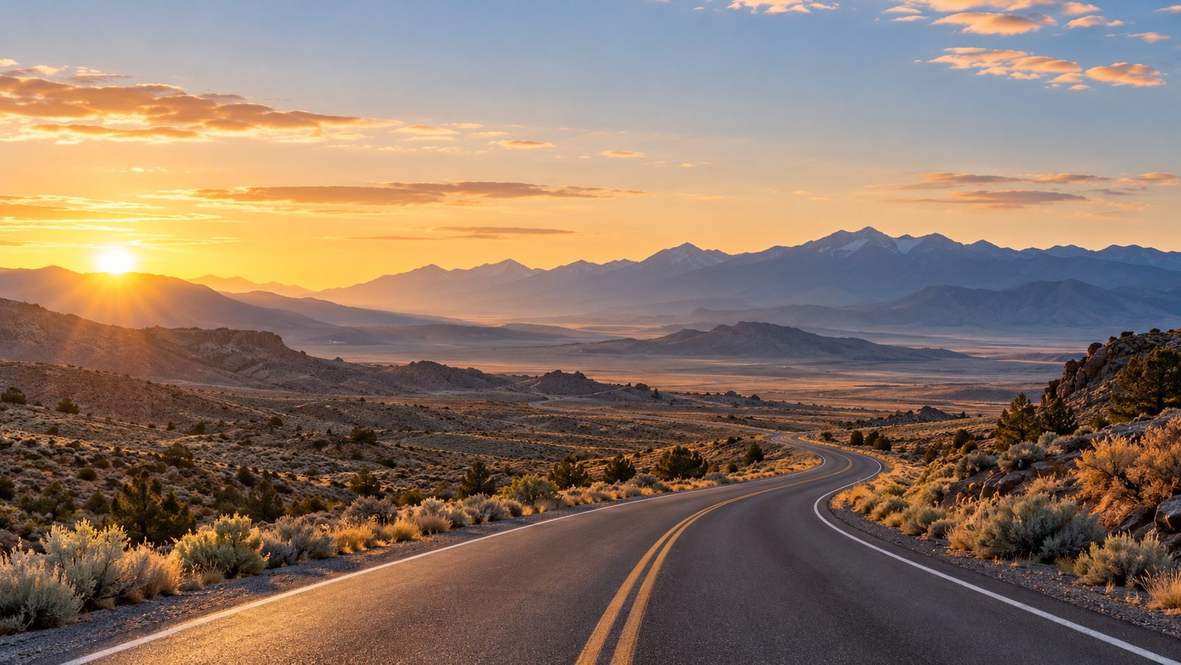 Editorial inspiration image of a quiet desert road at sunrise, with no van or traveler shown