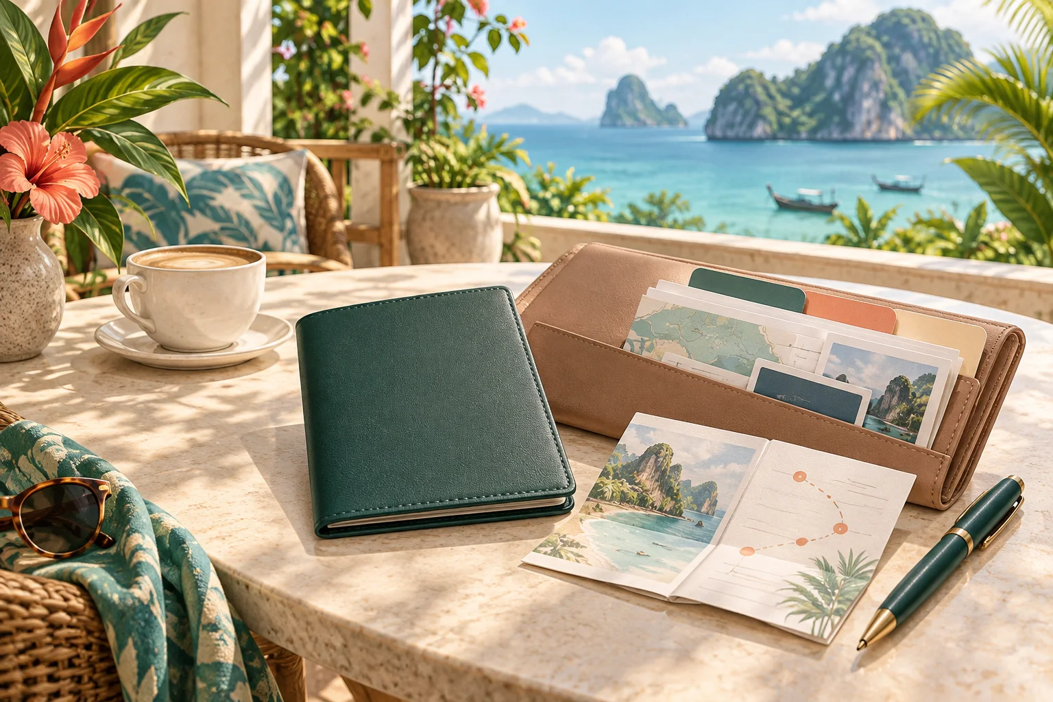 Illustration of travel documents prepared on a tropical veranda